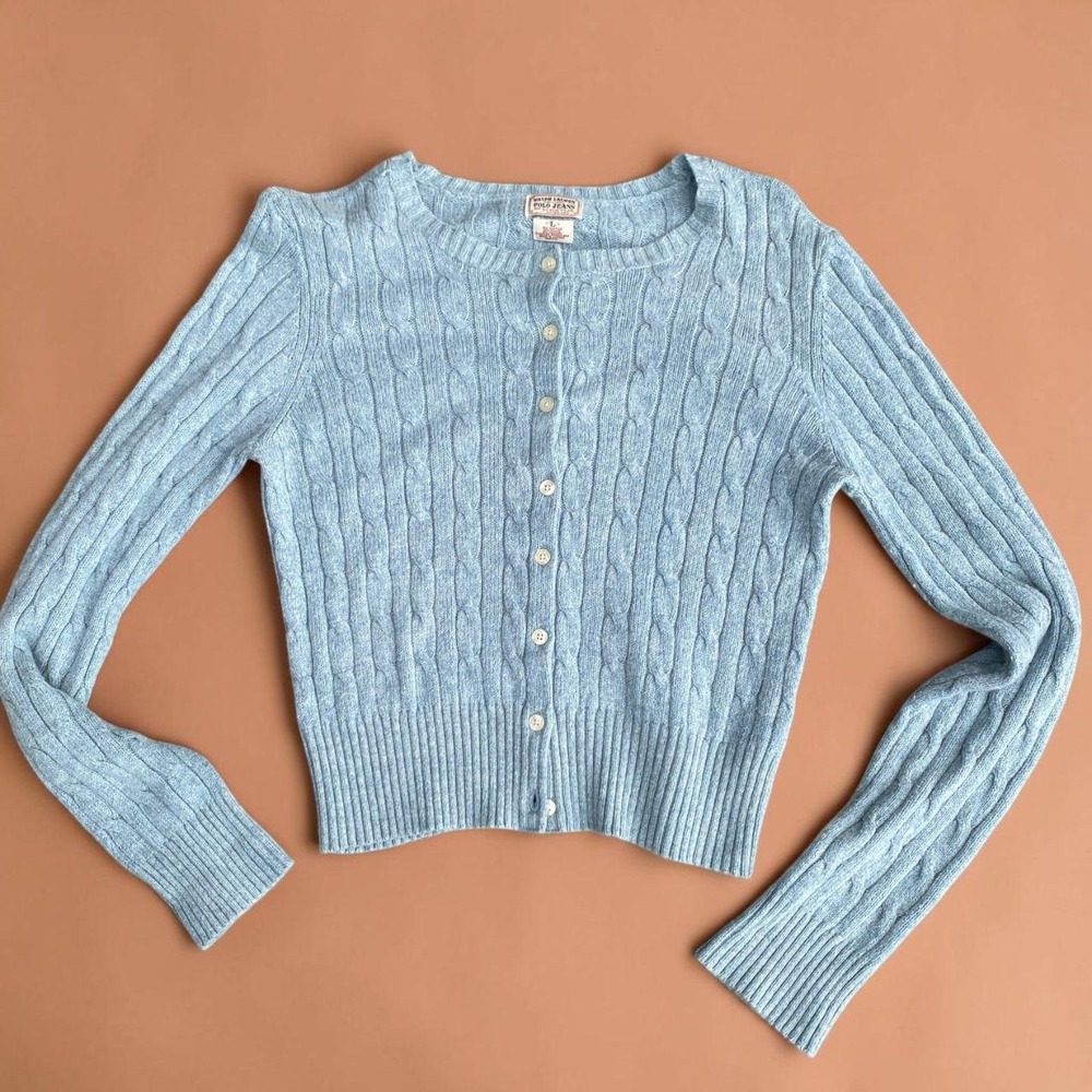 Vintage Polo Jeans Ralph Lauren Blue Cable Knit Angora Cardigan L